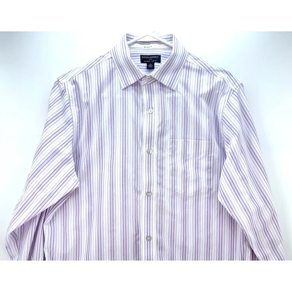 Banana Republic Mens Slim Non Iron Cotton Striped Dress Shirt Sz M Preppy Office